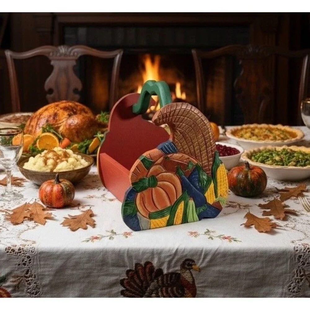 Hand Carved Wood Basket Cornucopia Fall Harvest Decor Rustic 8in Farmhouse